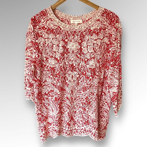 Anthropologie Solitaire Red & Ivory Embroidered Short Sleeve Top - Picture 1 of 7